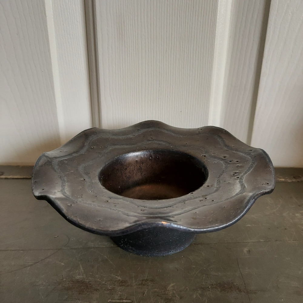 Studio Art Pottery Wavy Rim Bowl Dark Metallic Iridescent Glaze Brutalist 2.5x6
